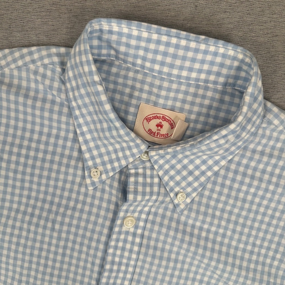 Brooks Brothers Red Fleece Shirt Mens Medium Light Blue Gingham Short Sleeve